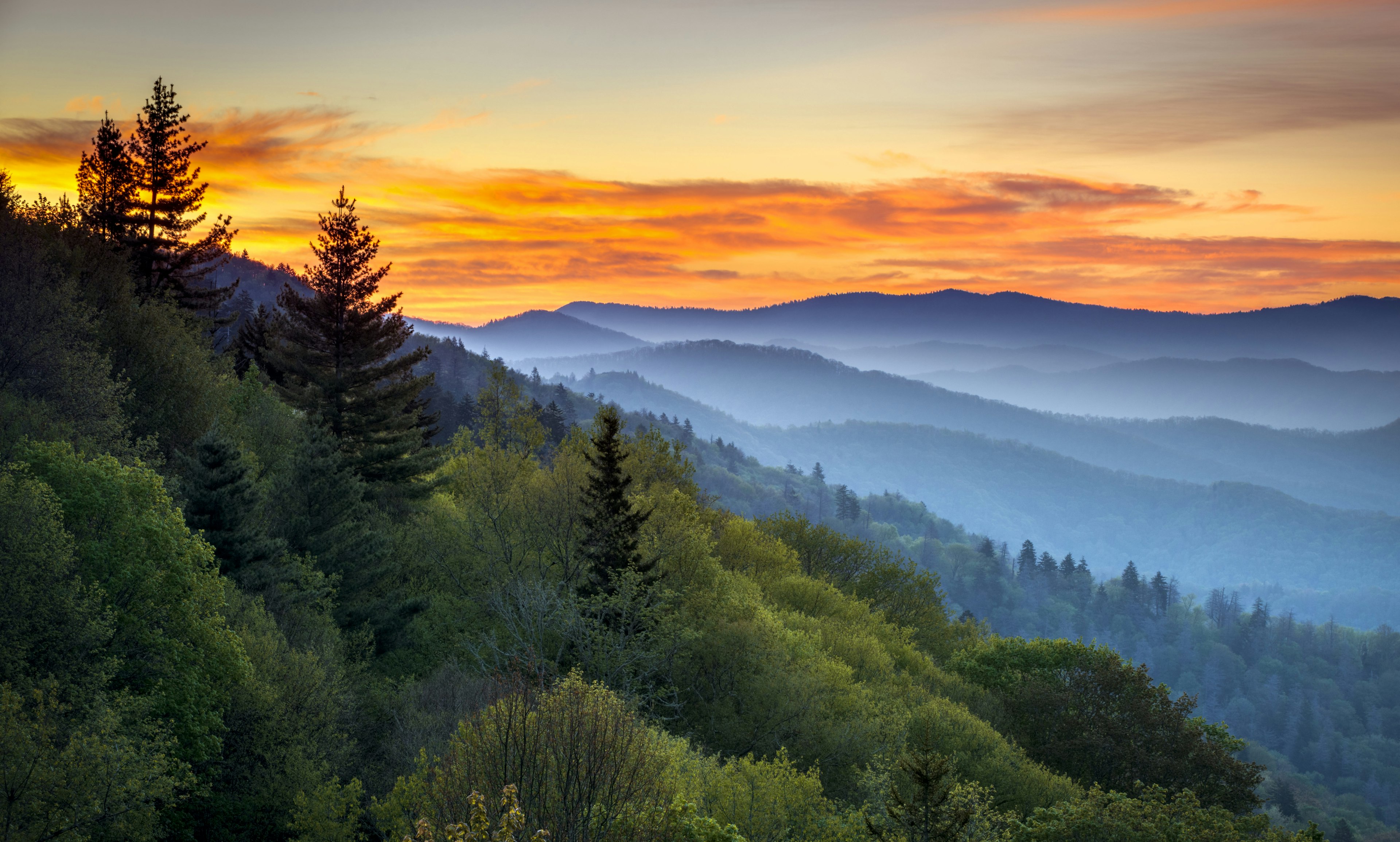 Sunrise over misty hills, as seen from Oconaluftee Overlook in the Great Smoky Mountains National Park.