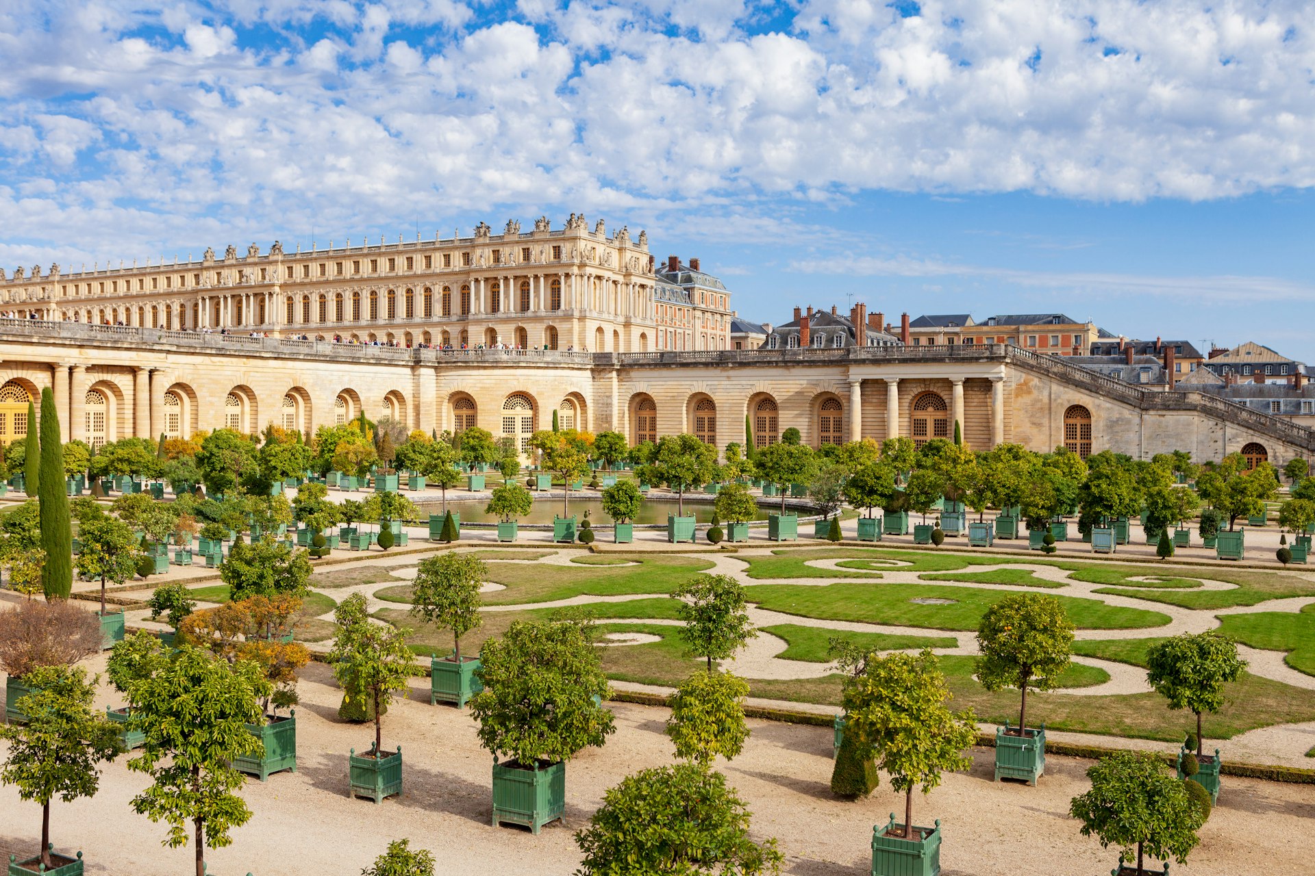 Exterior of the Palace of Versailles and the Orangerie in the gardens of Versailles