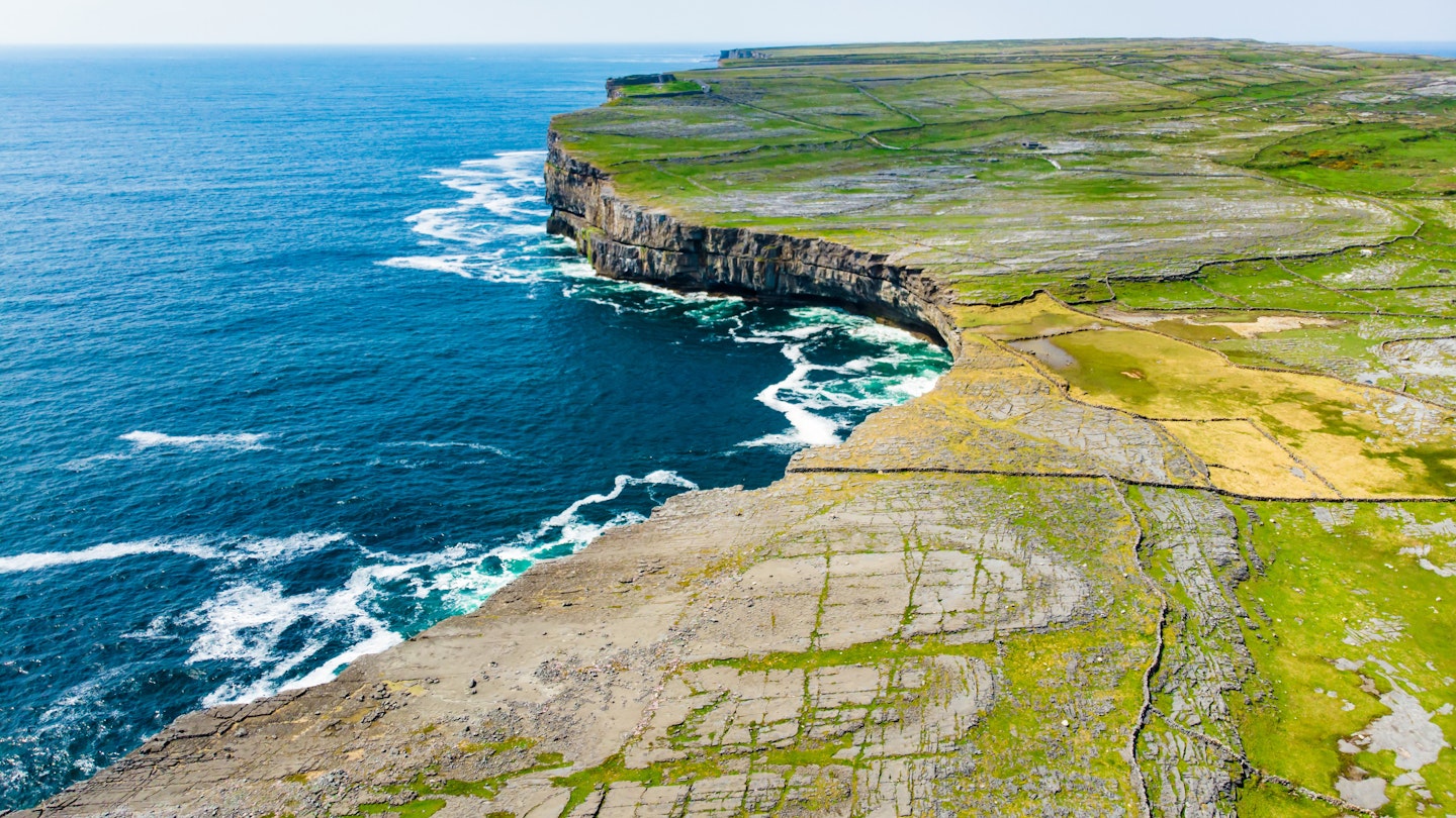 Aerial of the Inishmore (or Inis Mor) coast, the largest of the Aran Islands in Galway Bay.