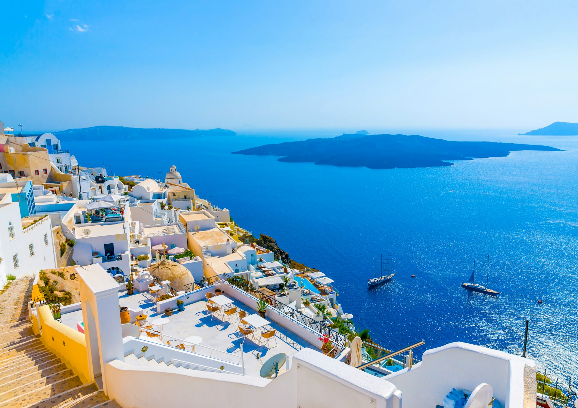 View to the sea and Volcano from Fira the capital of Santorini island in Greece 
