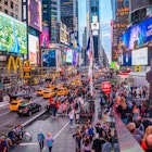 May 10, 2019: Time Square crowded in the early evening with pedestrians and traffic.