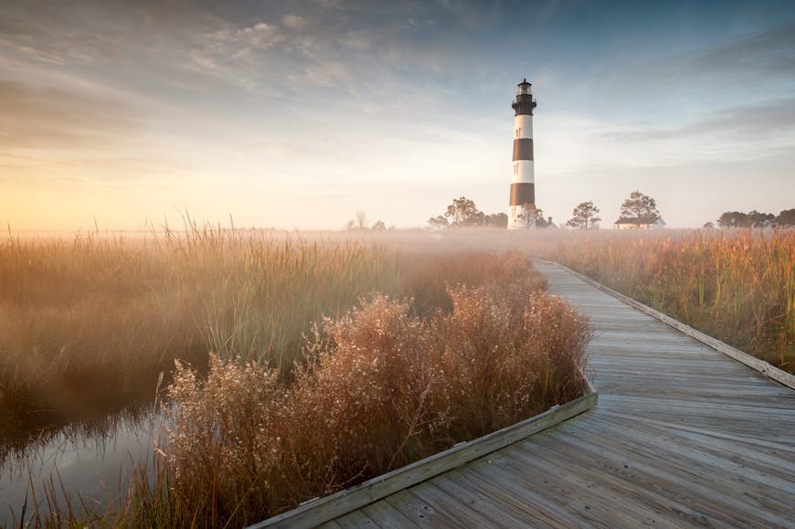 Bodie Island Lighthouse in the morning fog, Cape Hatteras, North Carolina