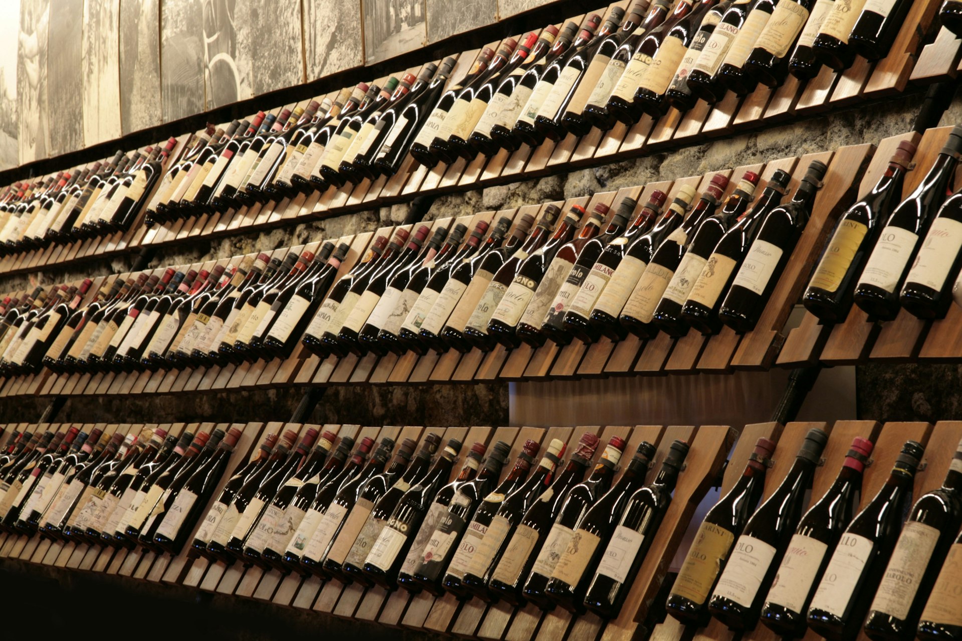 Rows of wine bottles in Enoteca Regionale del Barolo, Italy