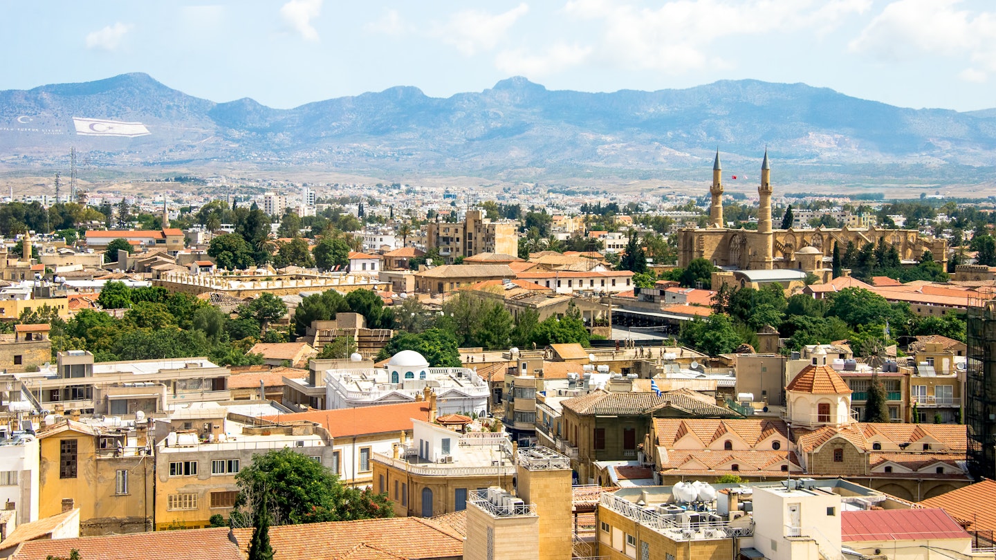 NICOSIA, CYPRUS - JUNE 3, 2014: Nicosia with Greek part in front, Turkish behind and Green Line in the middle, on June 3, 2014. Nicosia is divided into two nations since Turkish occupation in 1974.