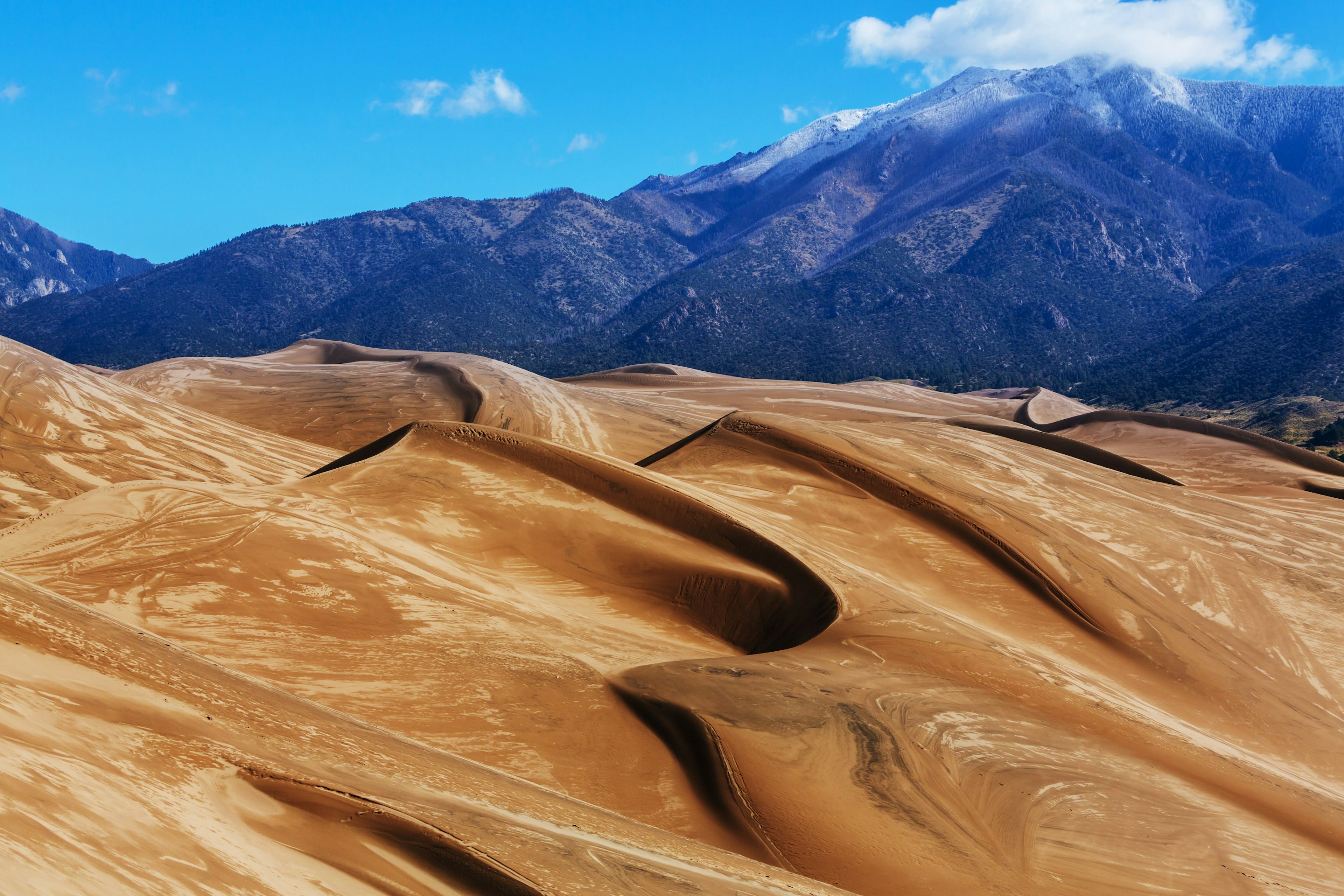 Red sand dunes, contrasting with mountain peaks towering behind them.