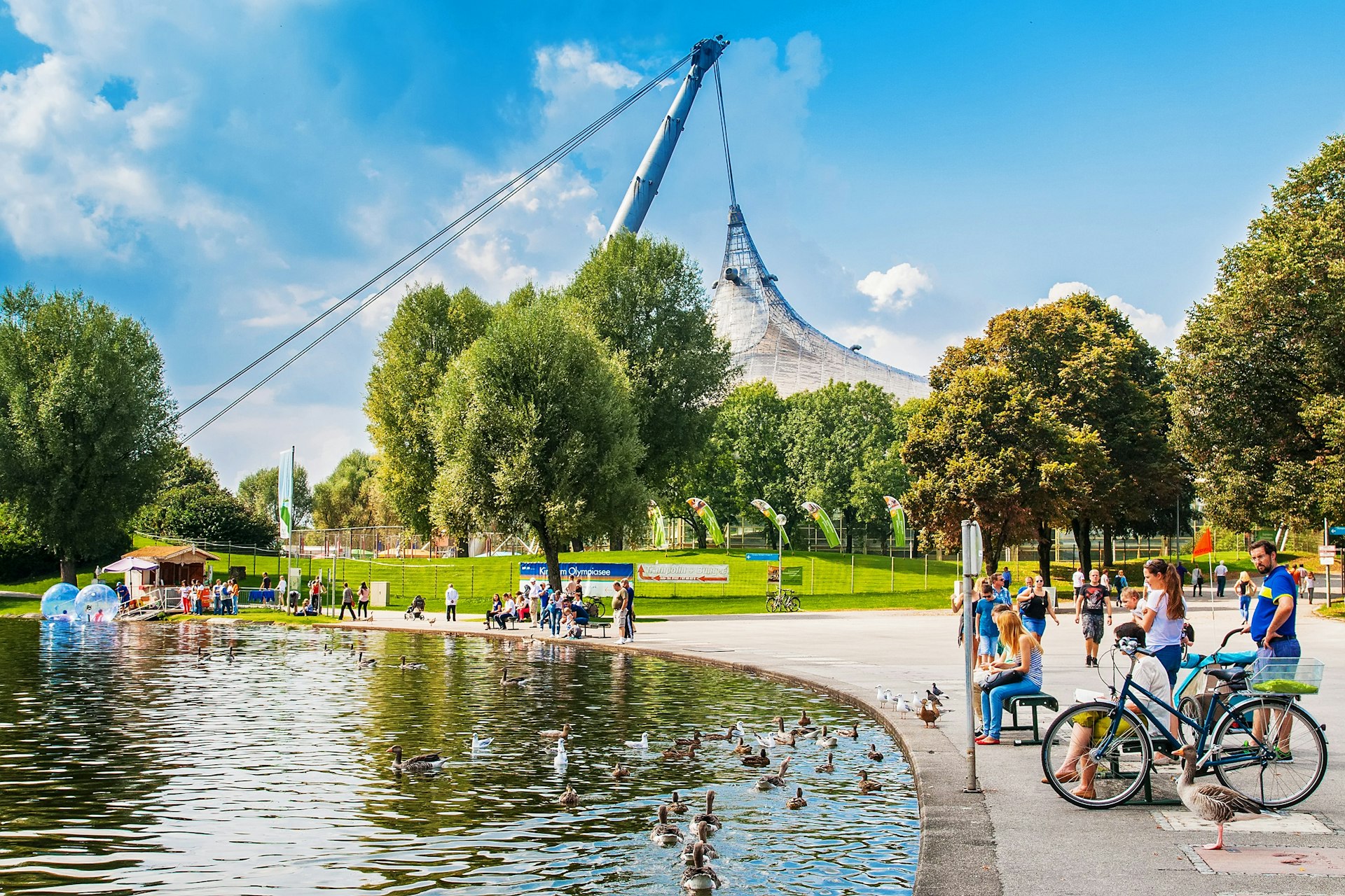 People watching ducks in a pond at Munich's Olympic Park