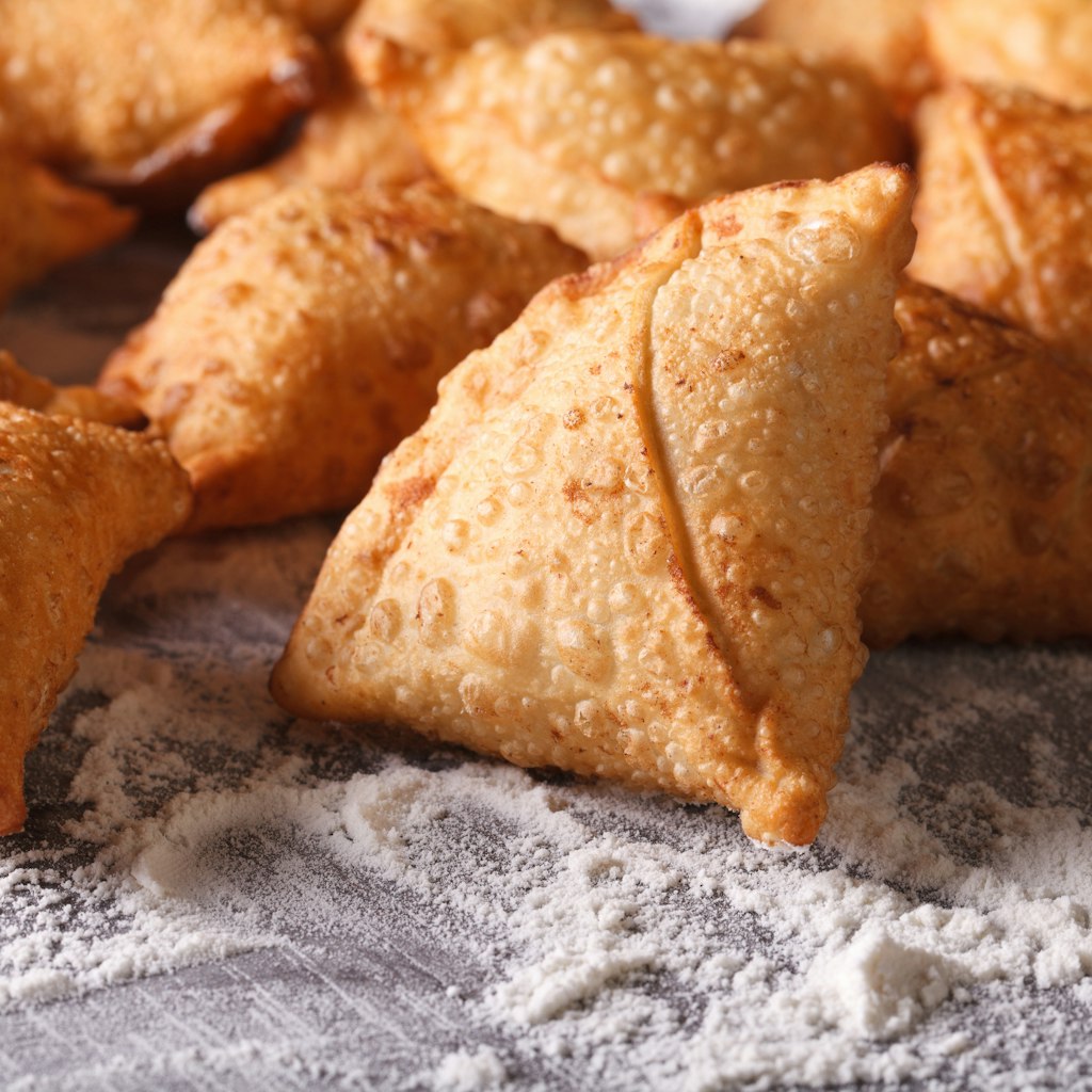 Close-up of a pile of fried samosas on a floured table.