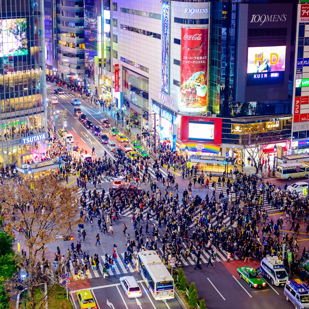 DECEMBER 23, 2012: Aerial of pedestrians at Shibuya Crossing.