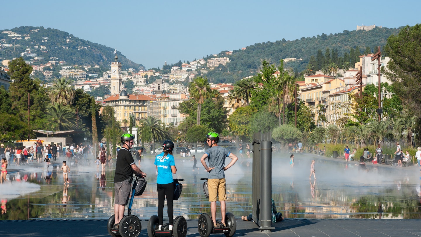 18th May, 2015: Tourists on segways at the Promenade du Paillon in Nice.