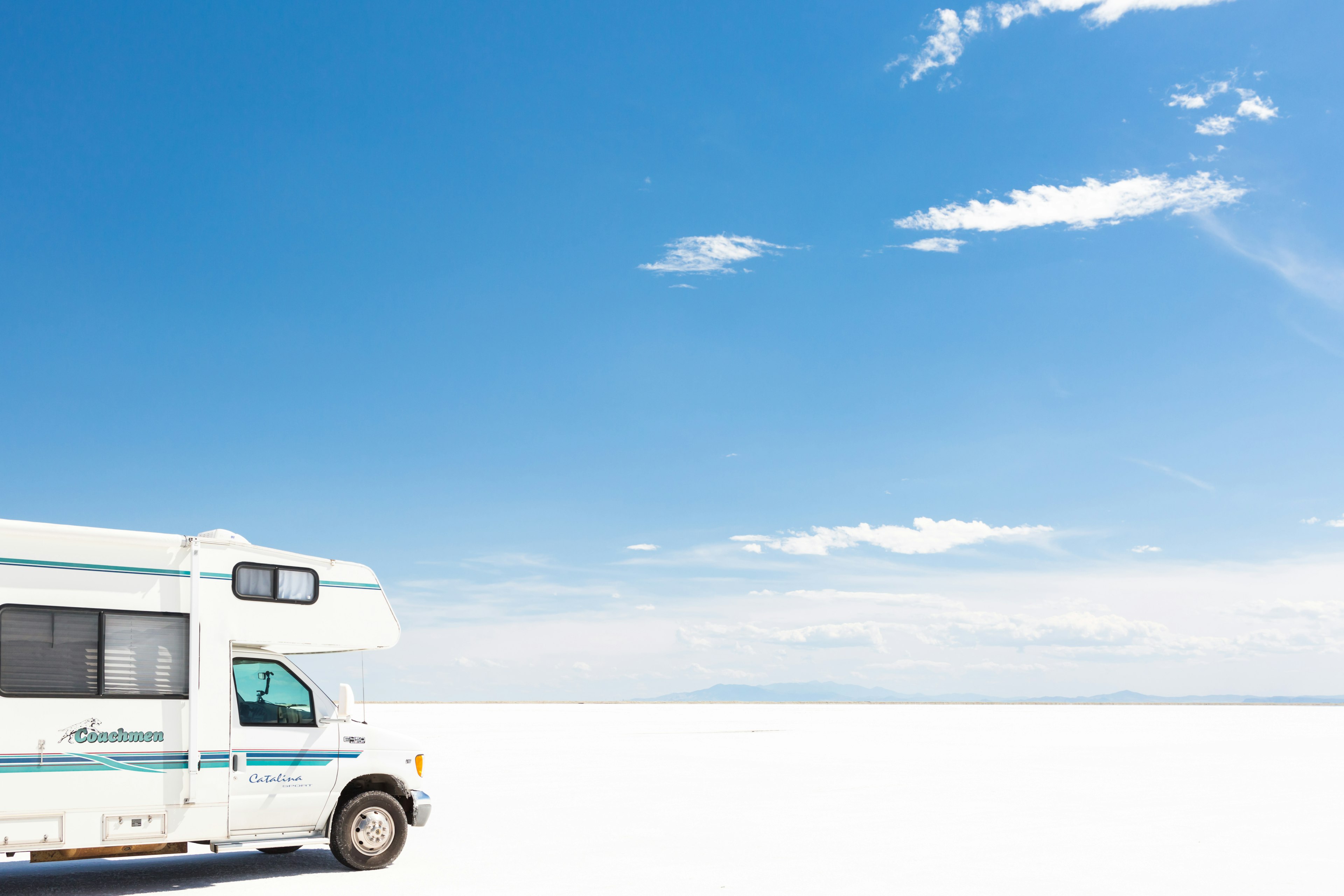 Motorhome parked on the Bonneville Salt Flats in Utah