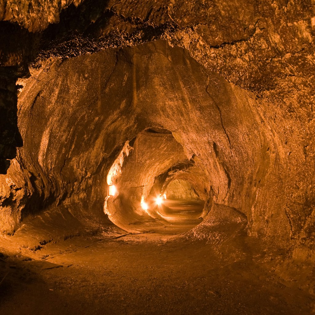 Inside the Turston Lava Tube in Hawaii Volcano National Park. HDR image created by combining three exposures.