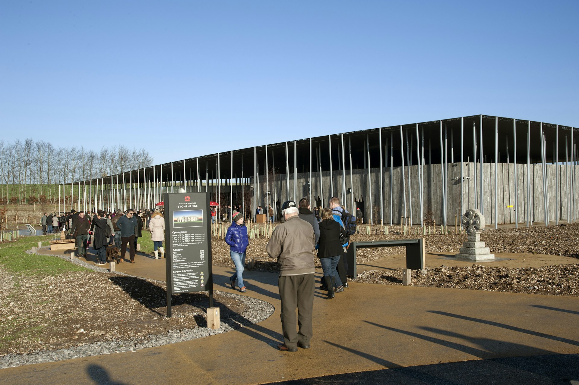 Visitors approach the large Visitor Center at Stonehenge