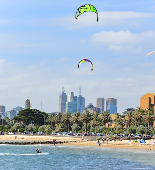 Melbourne, Australia - January 18 : People kite surfing on St Kilda Beach in Melbourne on January 18, 2015.