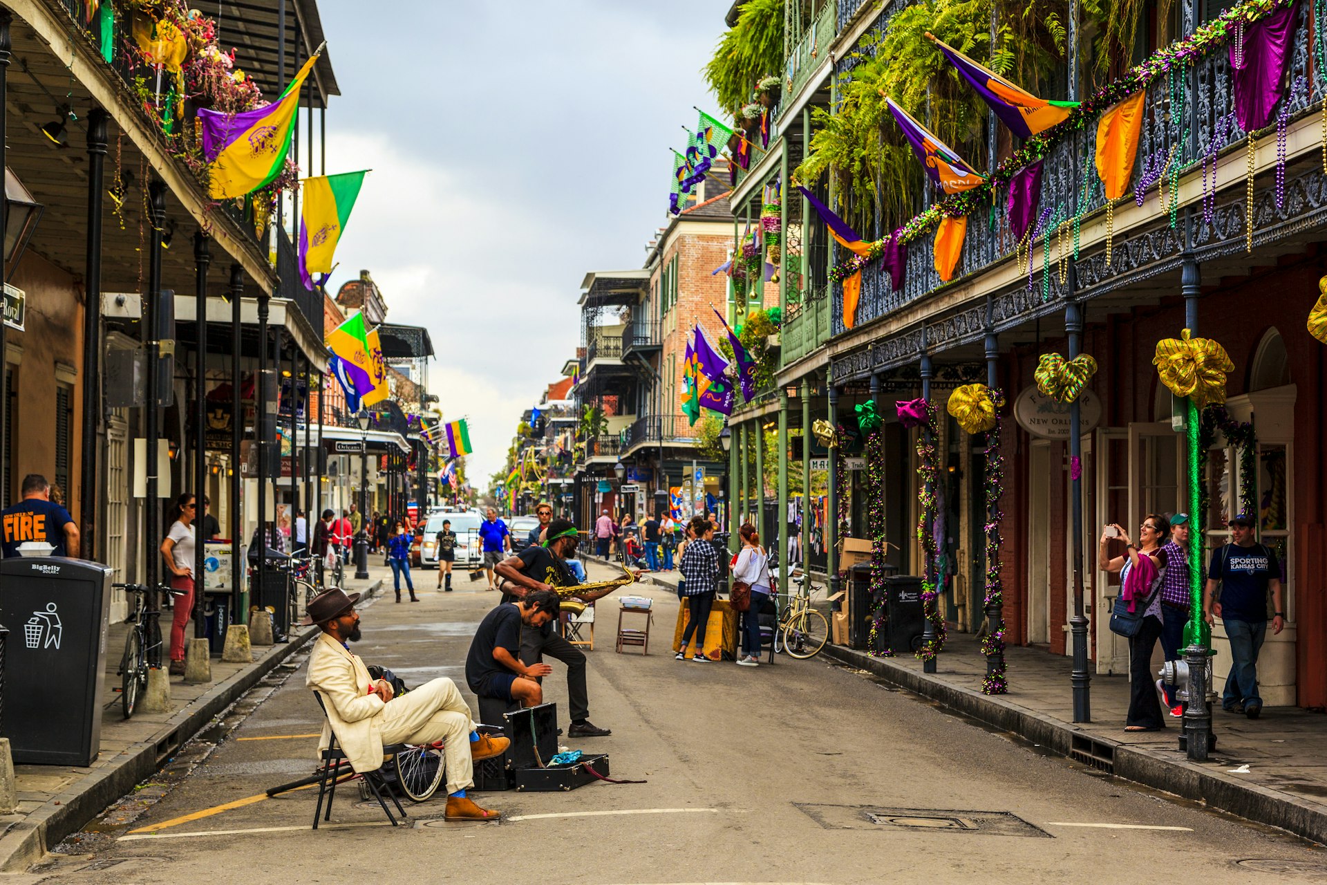 A local jazz band performs on the street in the New Orleans French Quarter