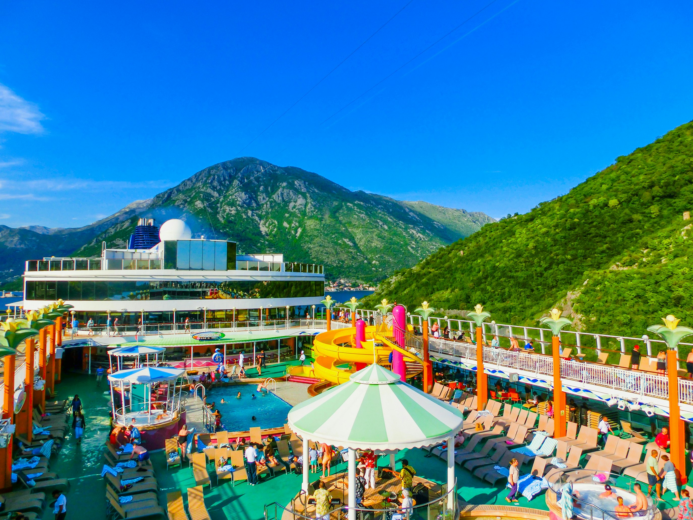 Kotor, Montenegro - May 07, 2014: The upper deck of  the cruise Ship Norwegian Jade by NCL