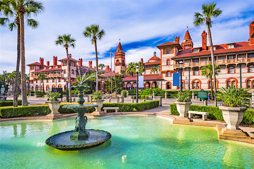 St. Augustine, Florida, USA town square and fountain.