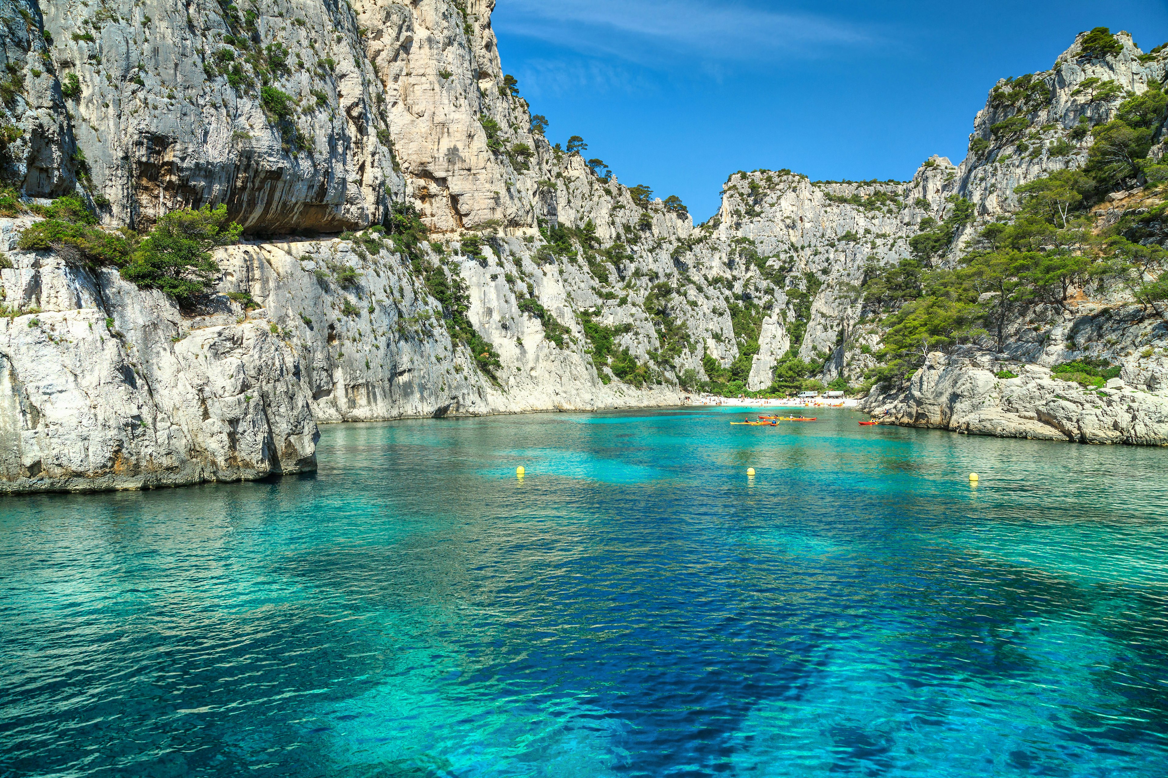 Colorful kayaks in the famous French fjords, Calanques national park, Calanque d'En Vau bay, Cassis, Marseille, Southern France, Europe.