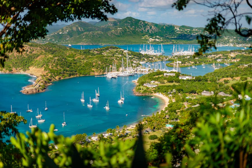 Looking down on a harbor with boats, framed by greenery and mountains in the distance