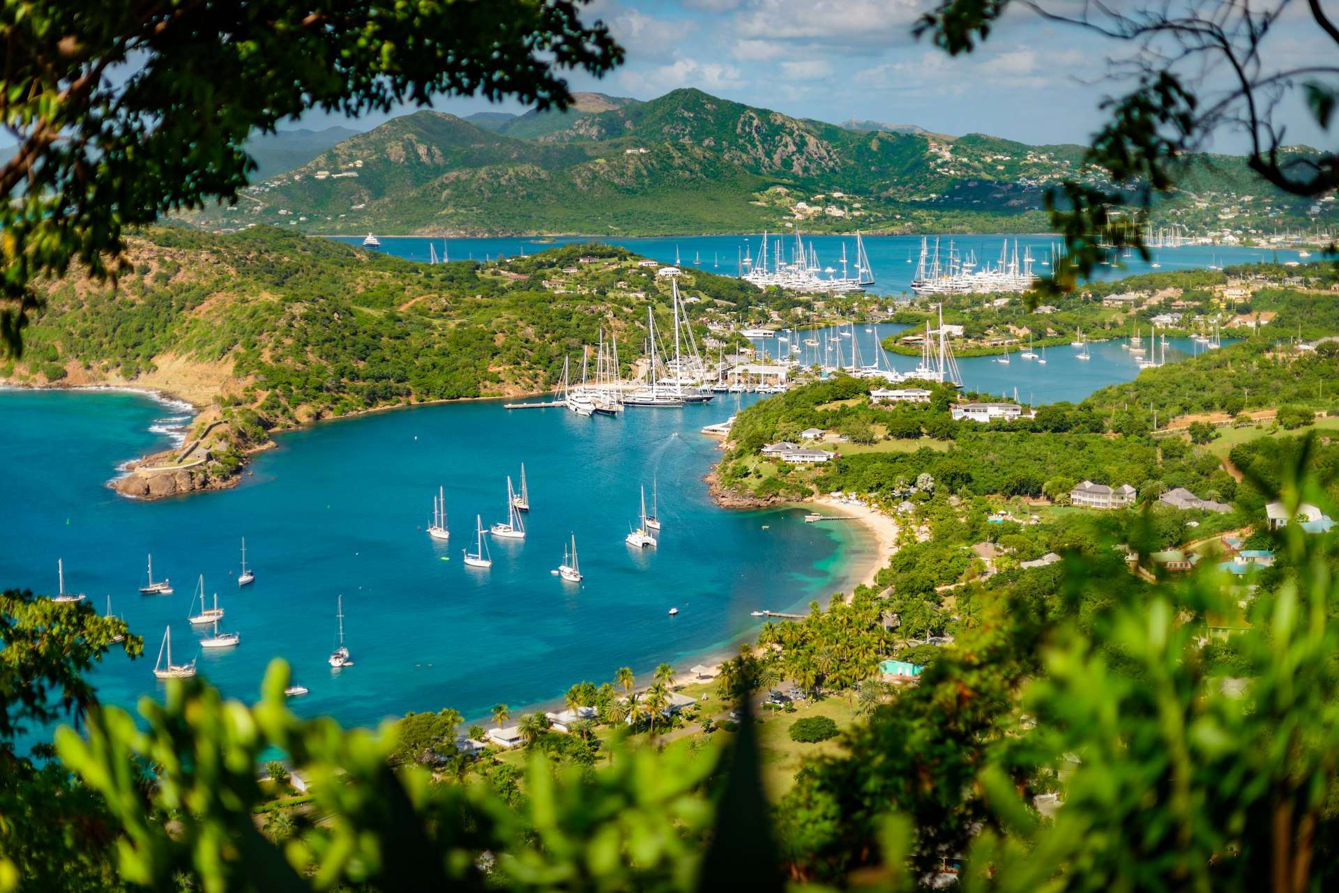 Looking down on a harbor with boats, framed by greenery and mountains in the distance