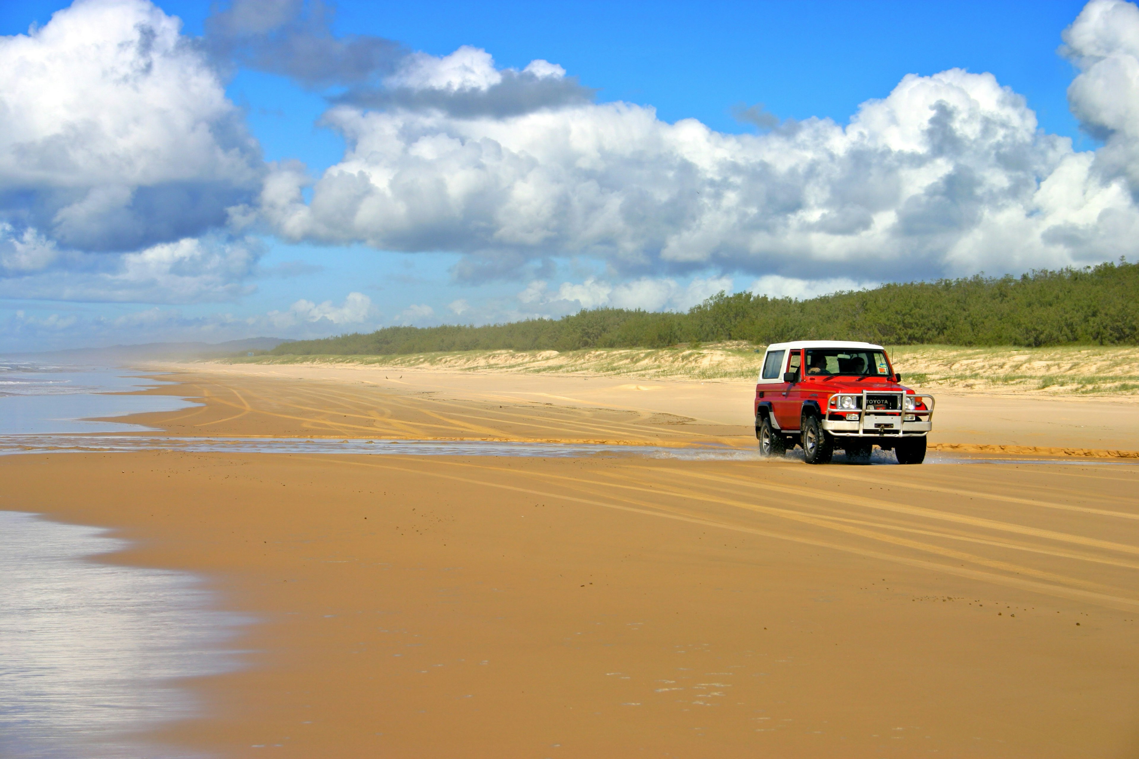 A red truck cruises on the sands on Fraser Island, Australia