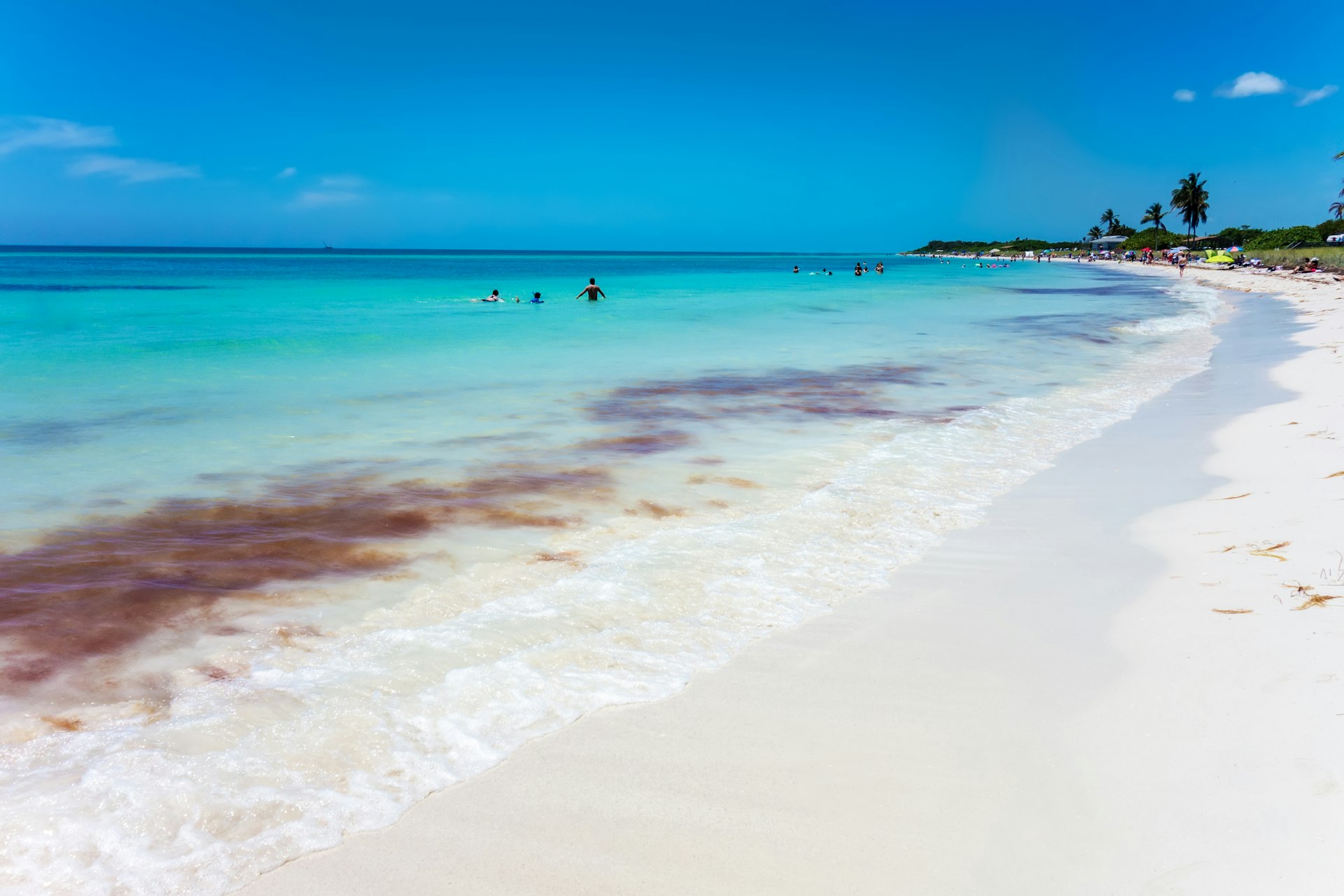 A vast beach and shallow turquoise waters dotted with swimmers