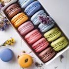 Colorful macaroons in a gift box with flowers on wooden table.