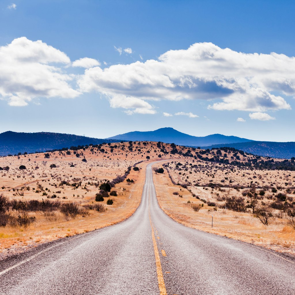 Straight road to horizon in high desert landscape of Davis Mountains, Texas, US.