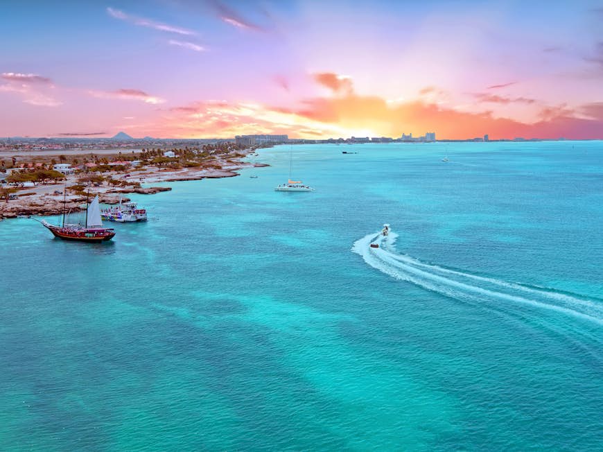 sAerial from Aruba island in the Caribbean Sea at sunset