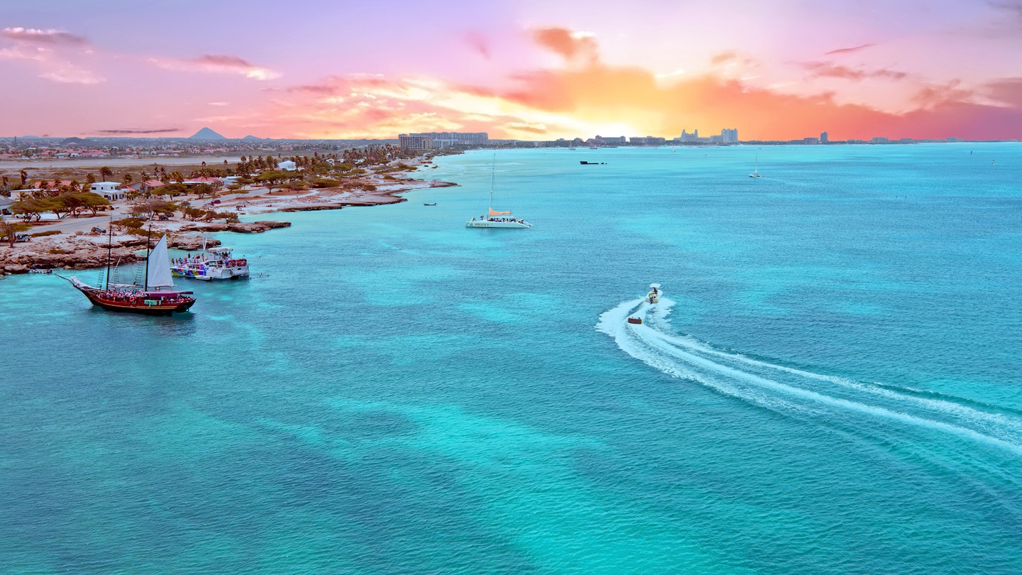 Aerial from Aruba island in the Caribbean Sea at sunset