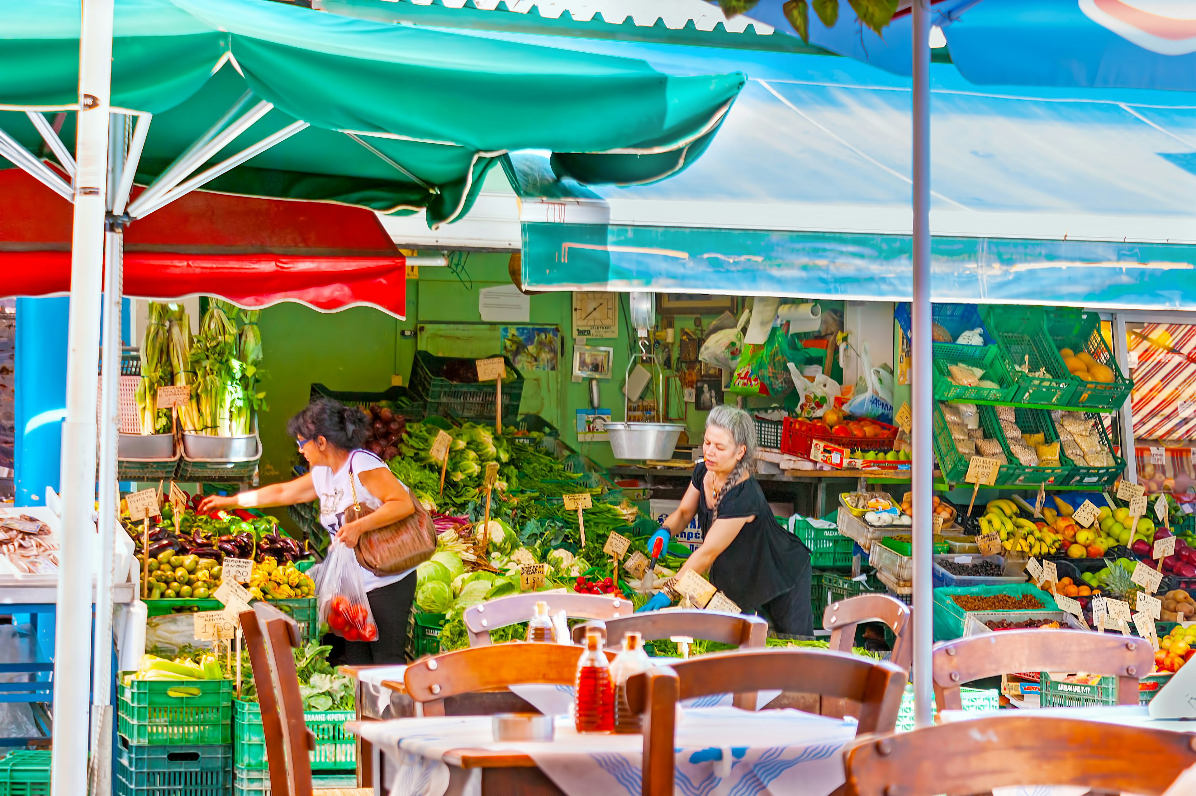 Fresh fruits and vegetables on display at a market stall on 1866 street