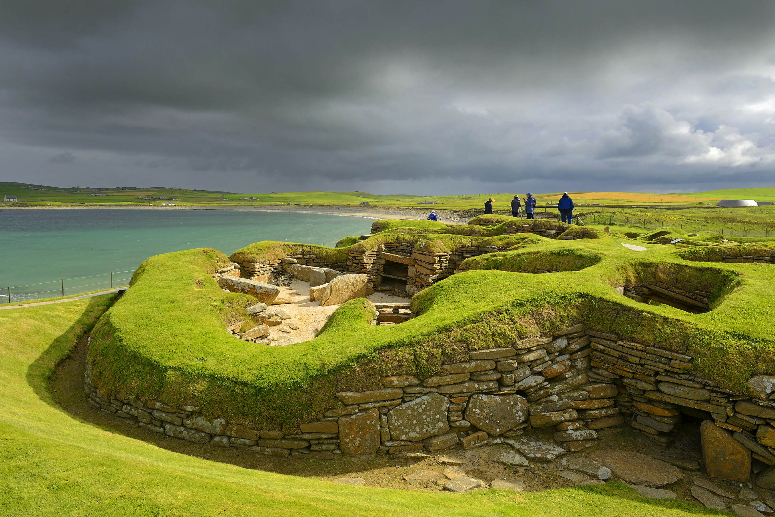 The stone ruins of Skara Brae on the coast of Mainland Orkney