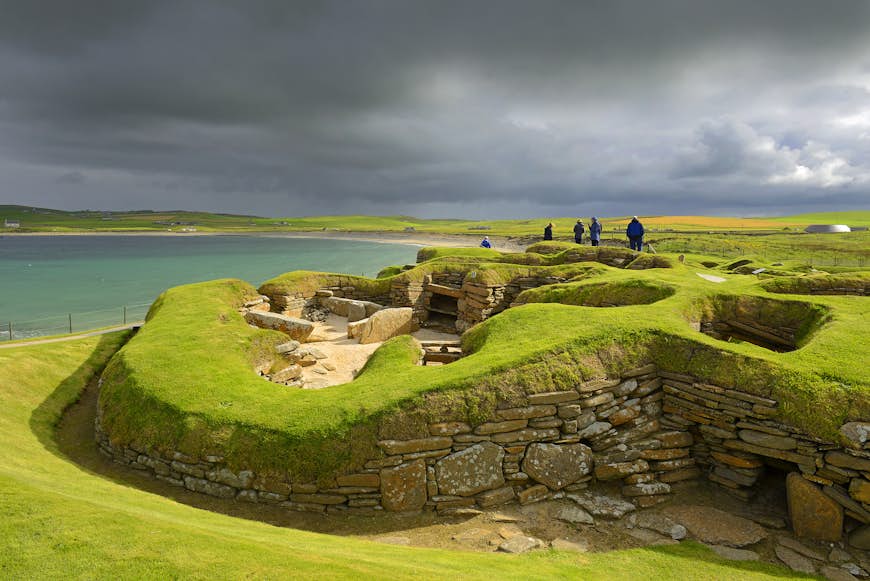 The stone ruins of Skara Brae on the coast of Mainland Orkney