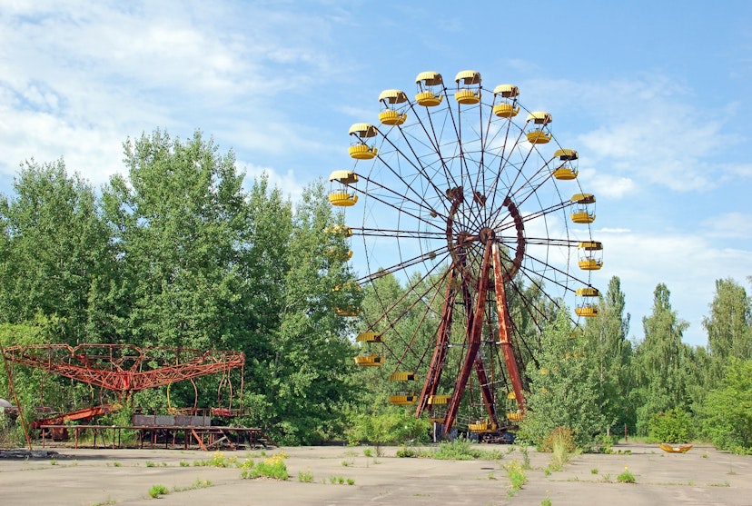Abandoned ferris wheel in amusement park in Pripyat, Chernobyl area