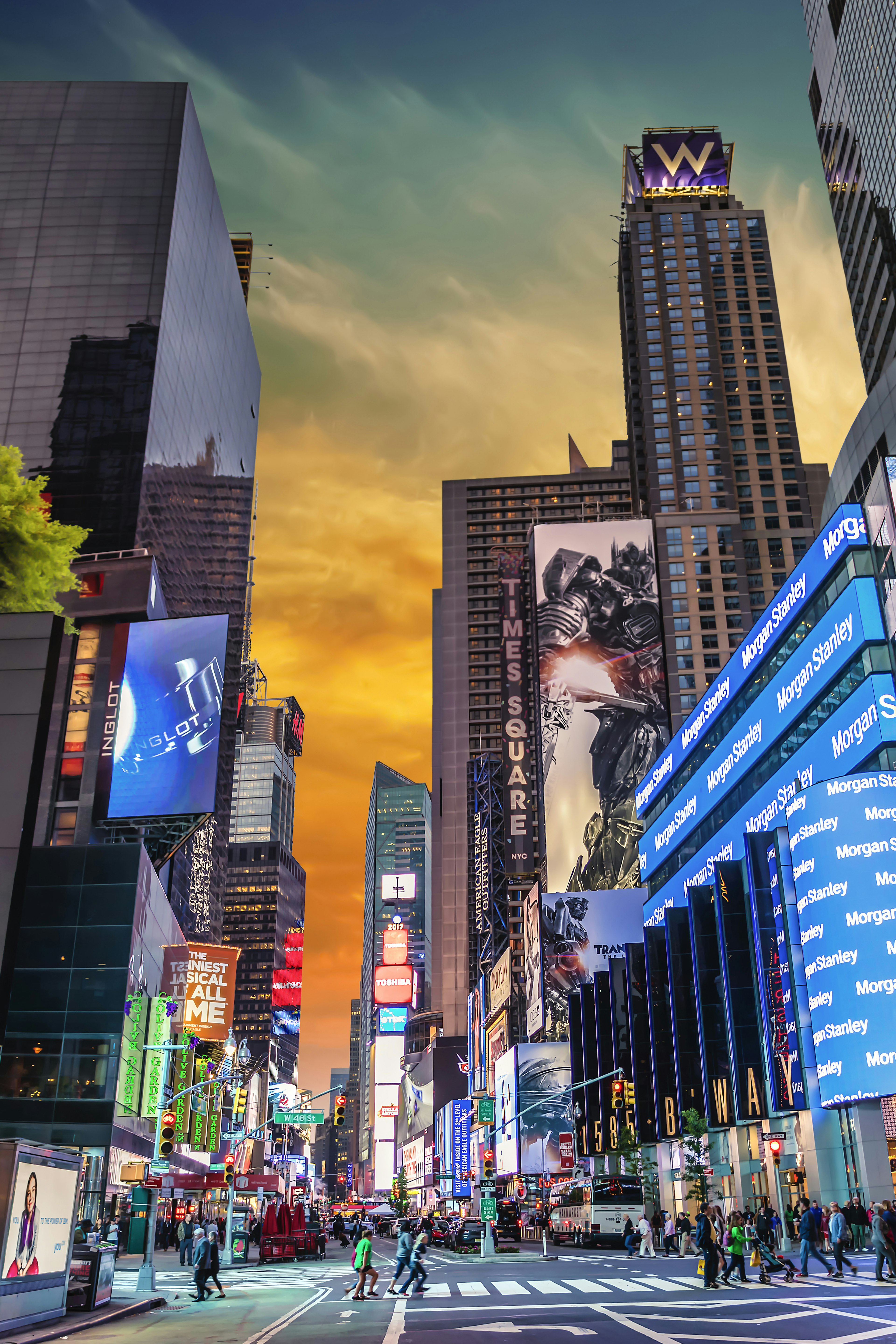 Advertisements in Times Square at sunset