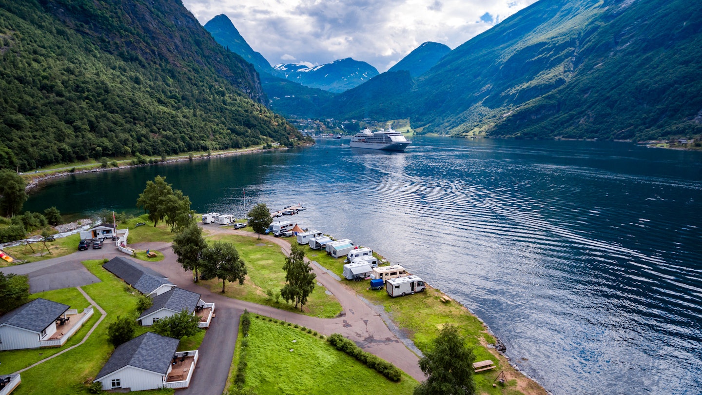 Geiranger fjord, Beautiful Nature Norway. It is a 15-kilometre (9.3 mi) long branch off of the Sunnylvsfjorden, which is a branch off of the Storfjorden aerial photography.
