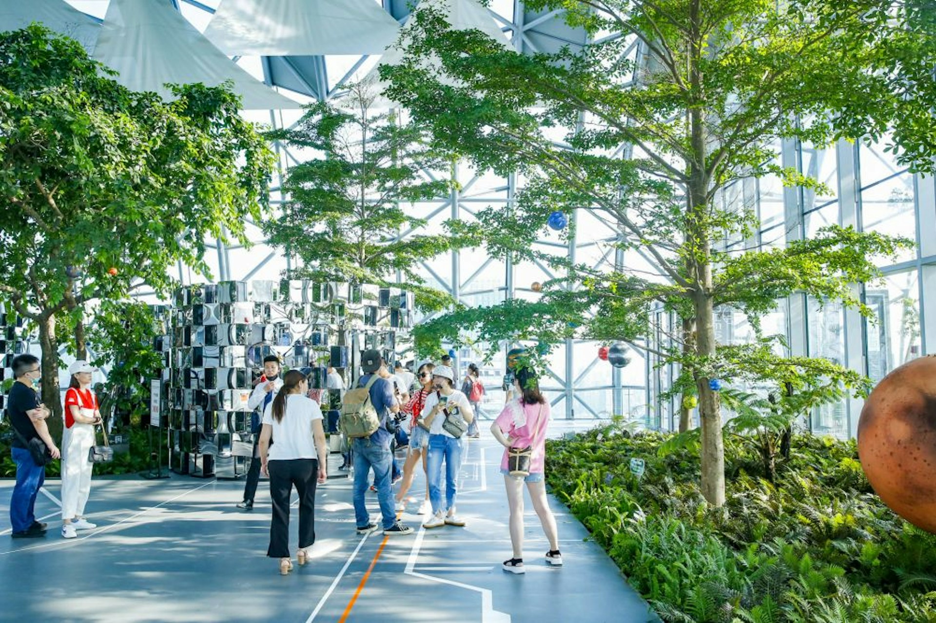 A picture of people walking through the forest inside the Skybridge