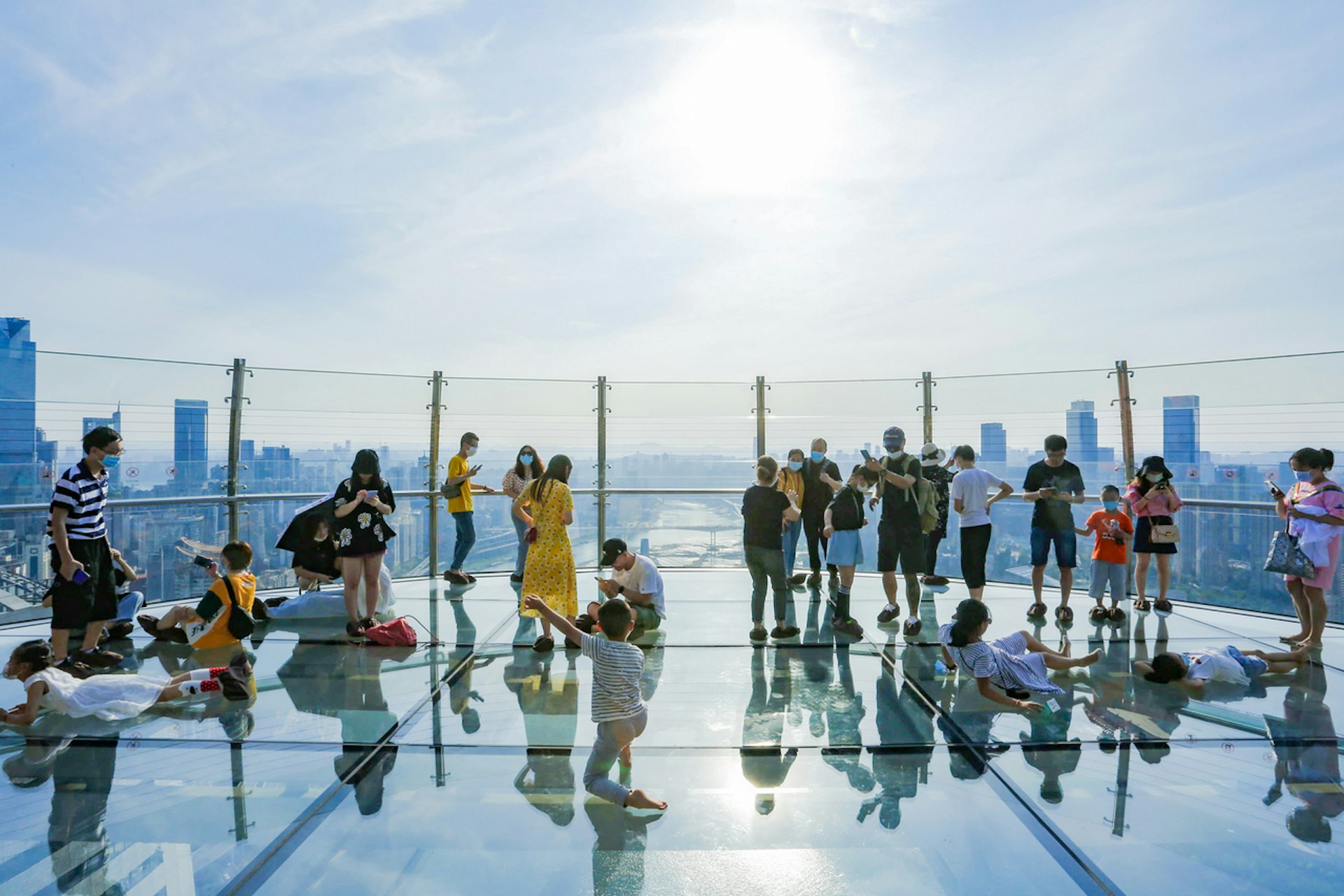 A picture of a group of visitors enjoying the skybridge