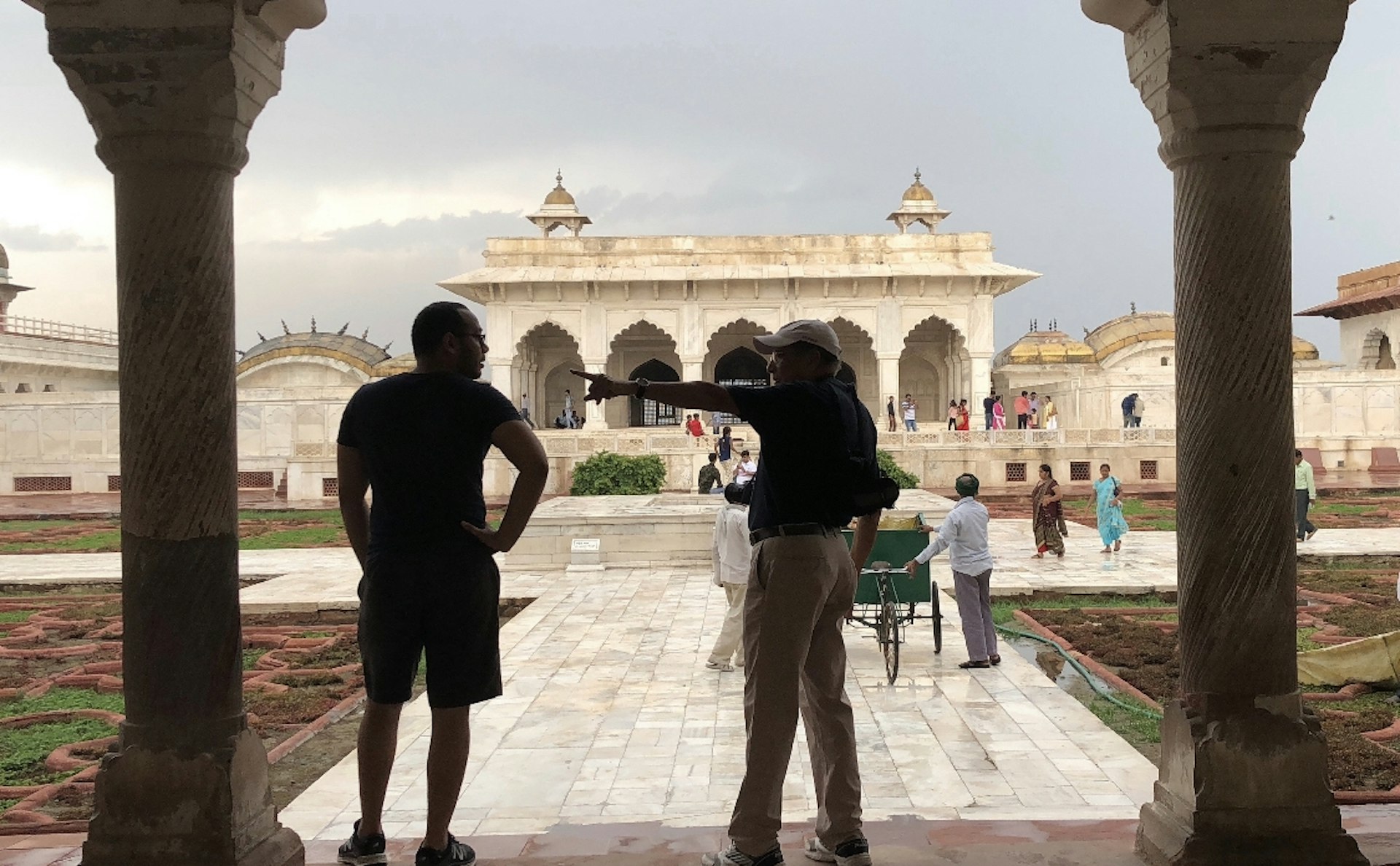 The writer and his father in silhouette at an Indian fortress