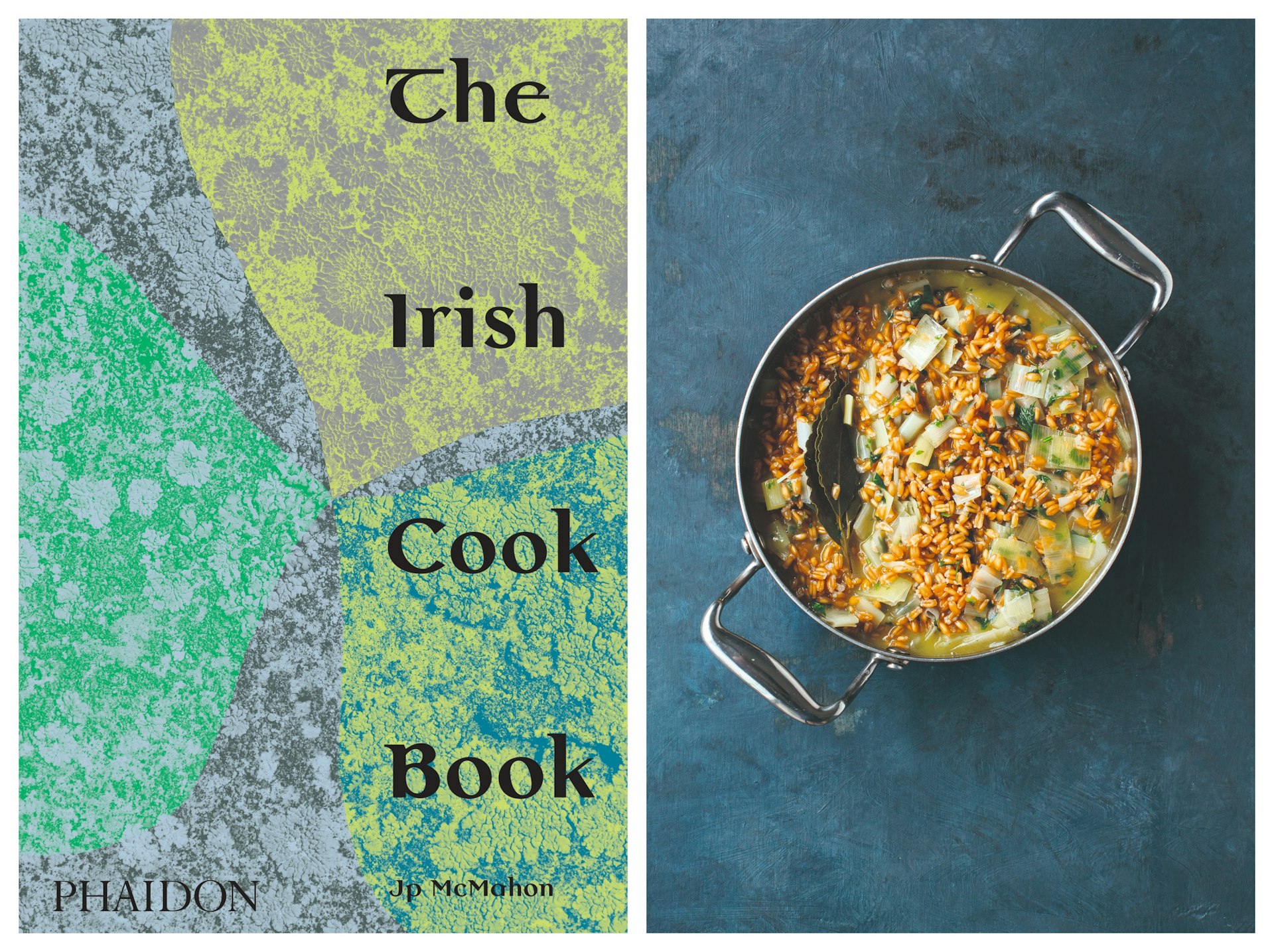 On the left a cover from the Irish Cook Book, on the right a bowl of spelt leeks on a blue background.