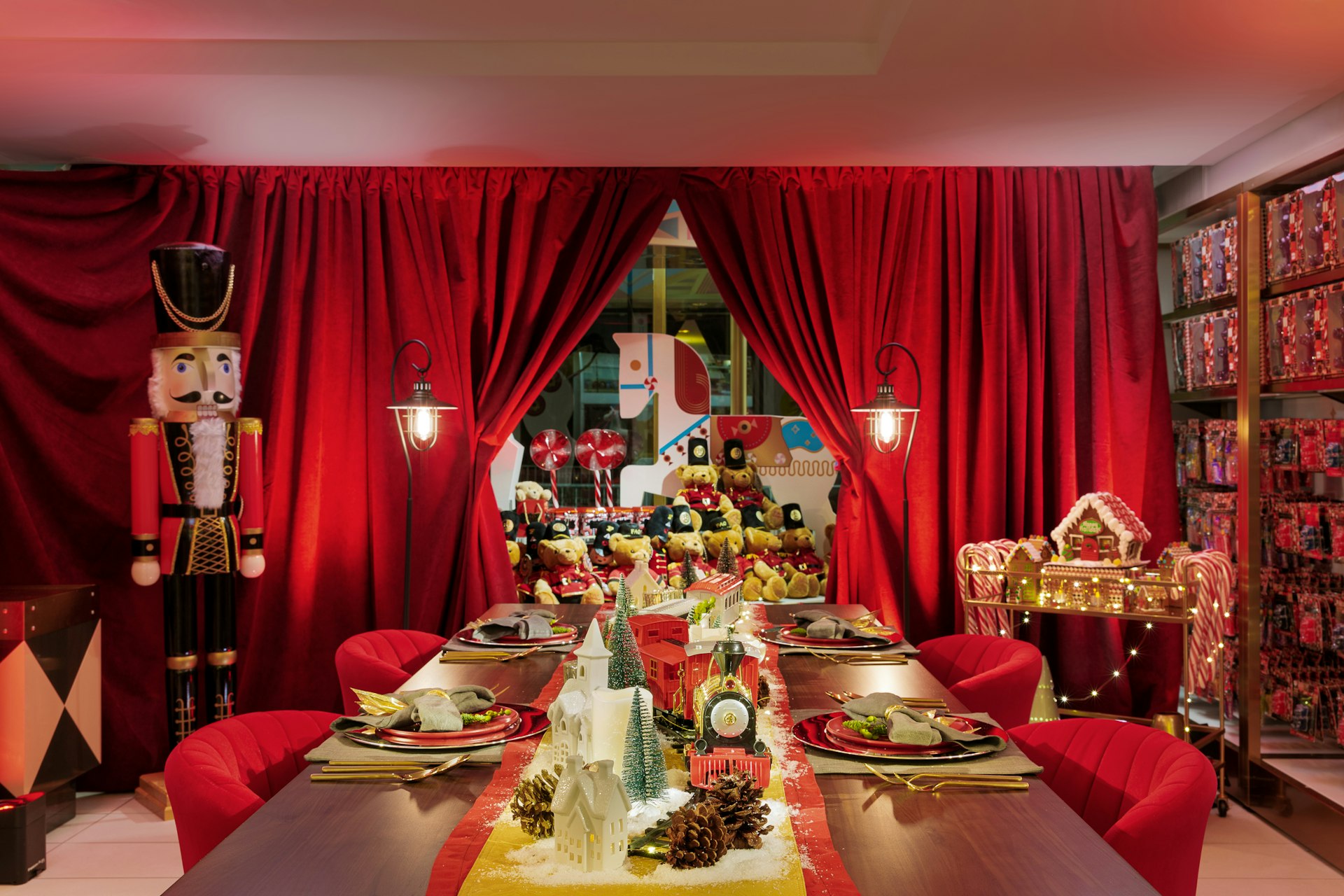 FAO Schwarz dining room with a festive table display