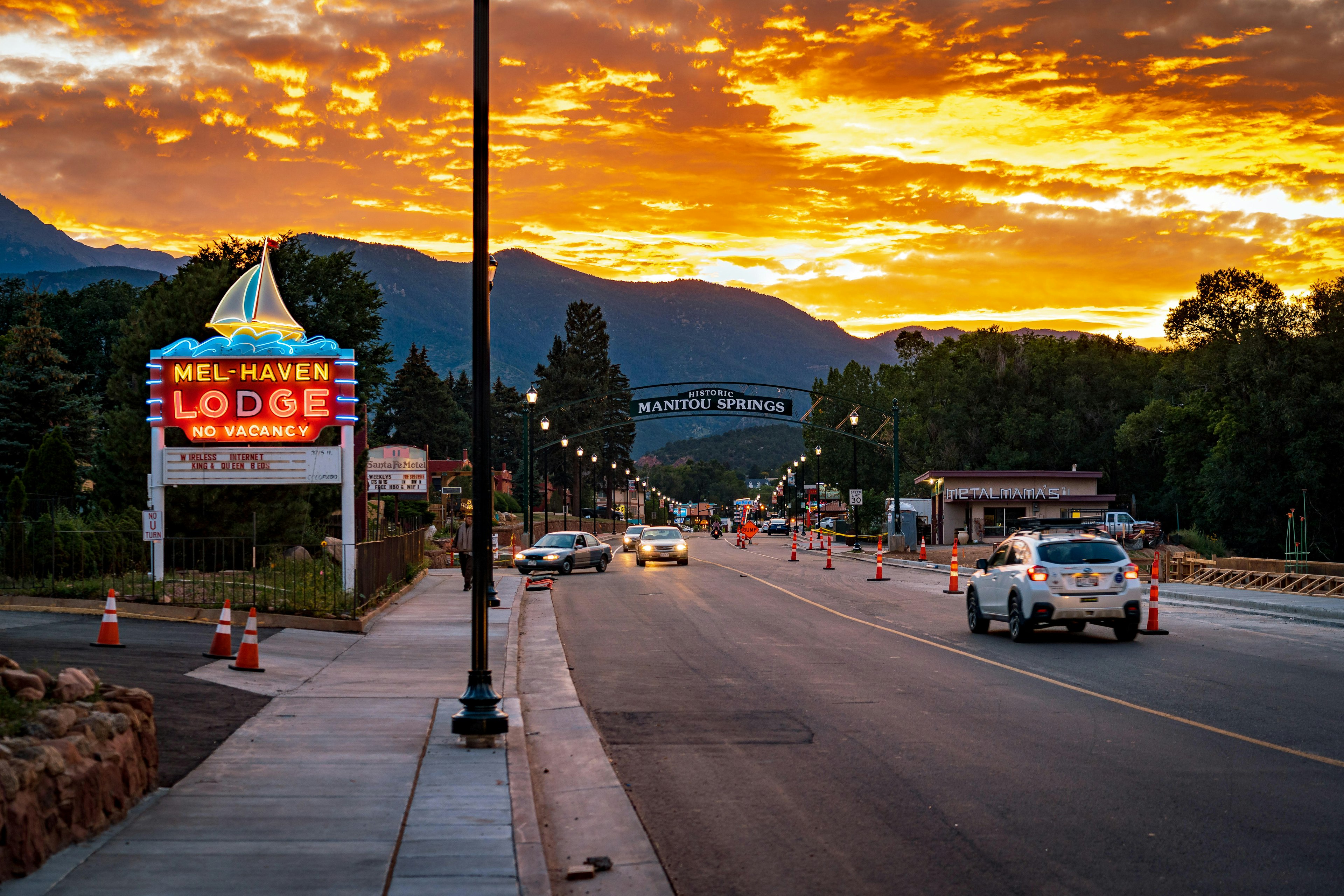 A road cuts through Manitou Springs, Colorado