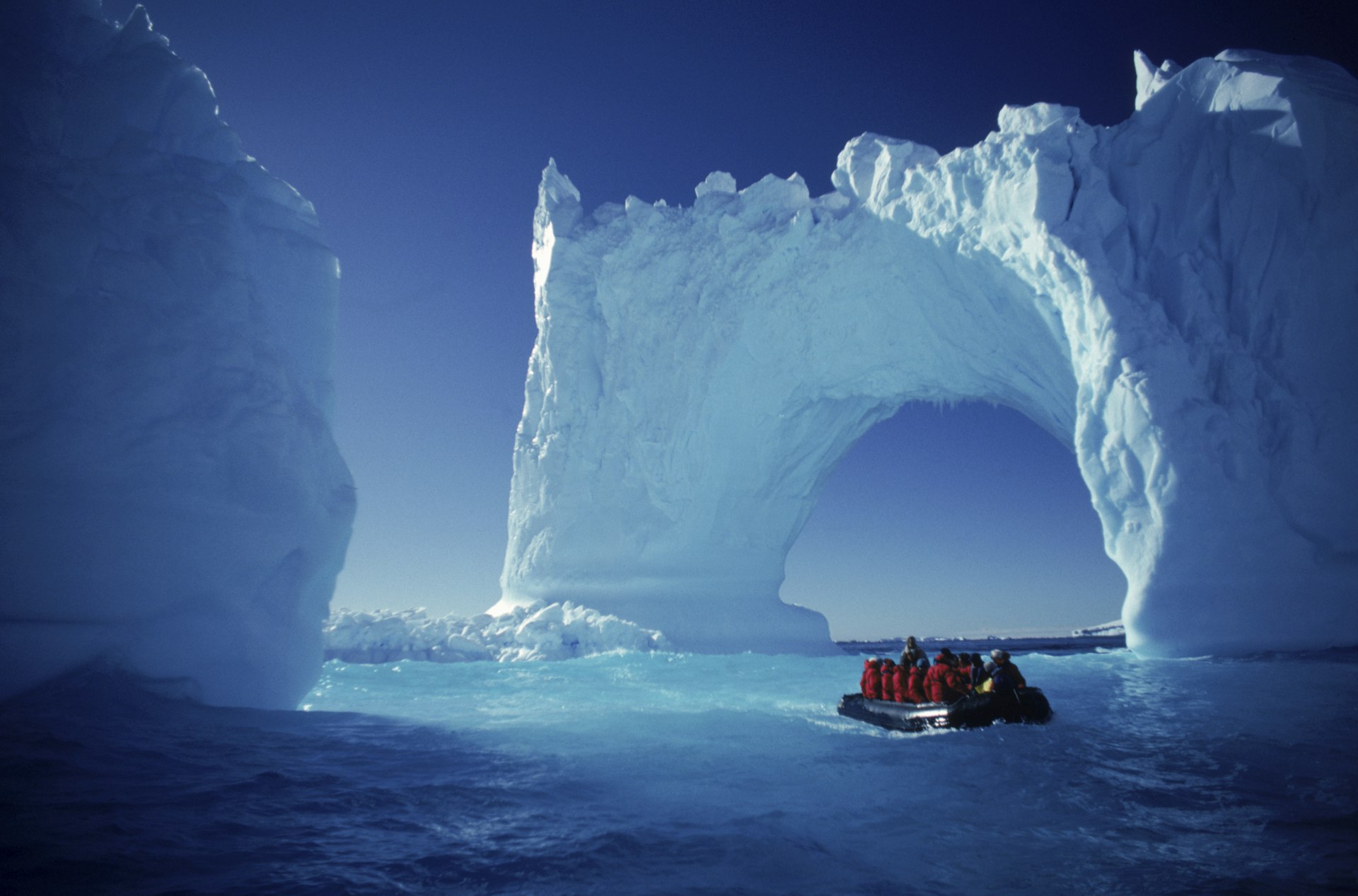 Boating by icebergs in Yalour Islands, Antarctica