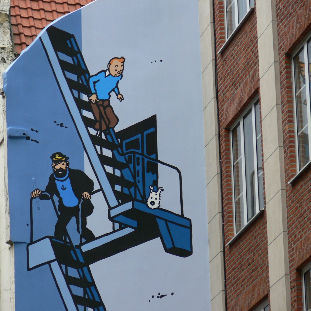 A Tintin mural on the comic book route in Brussels, Belgium.
