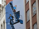 A Tintin mural on the comic book route in Brussels, Belgium.