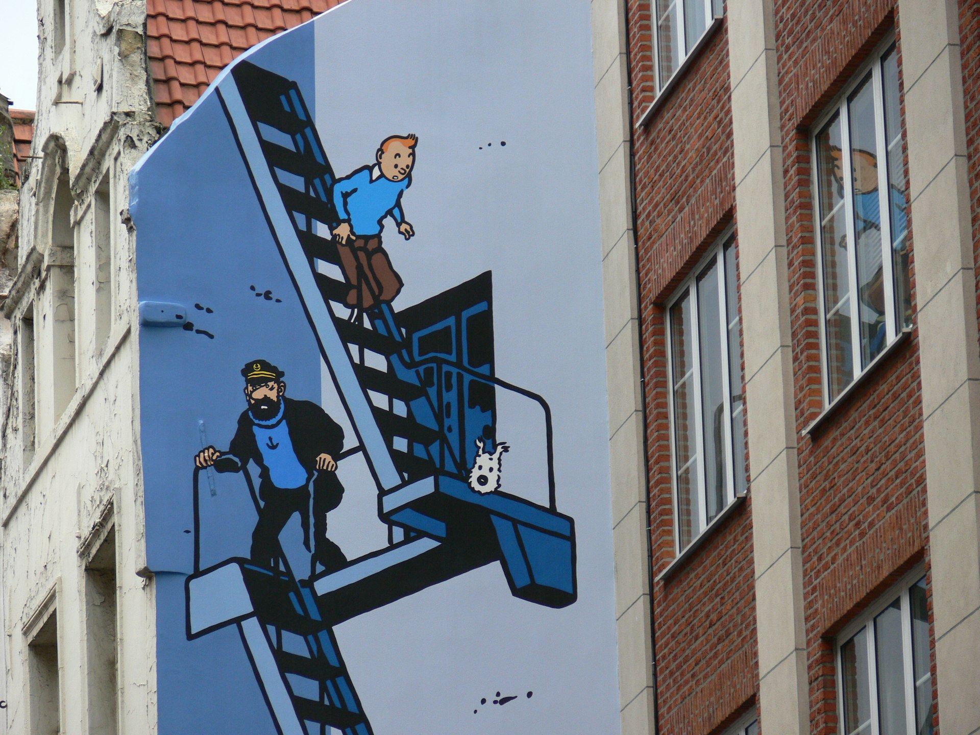 A Tintin mural on the comic book route in Brussels, Belgium, Europe
