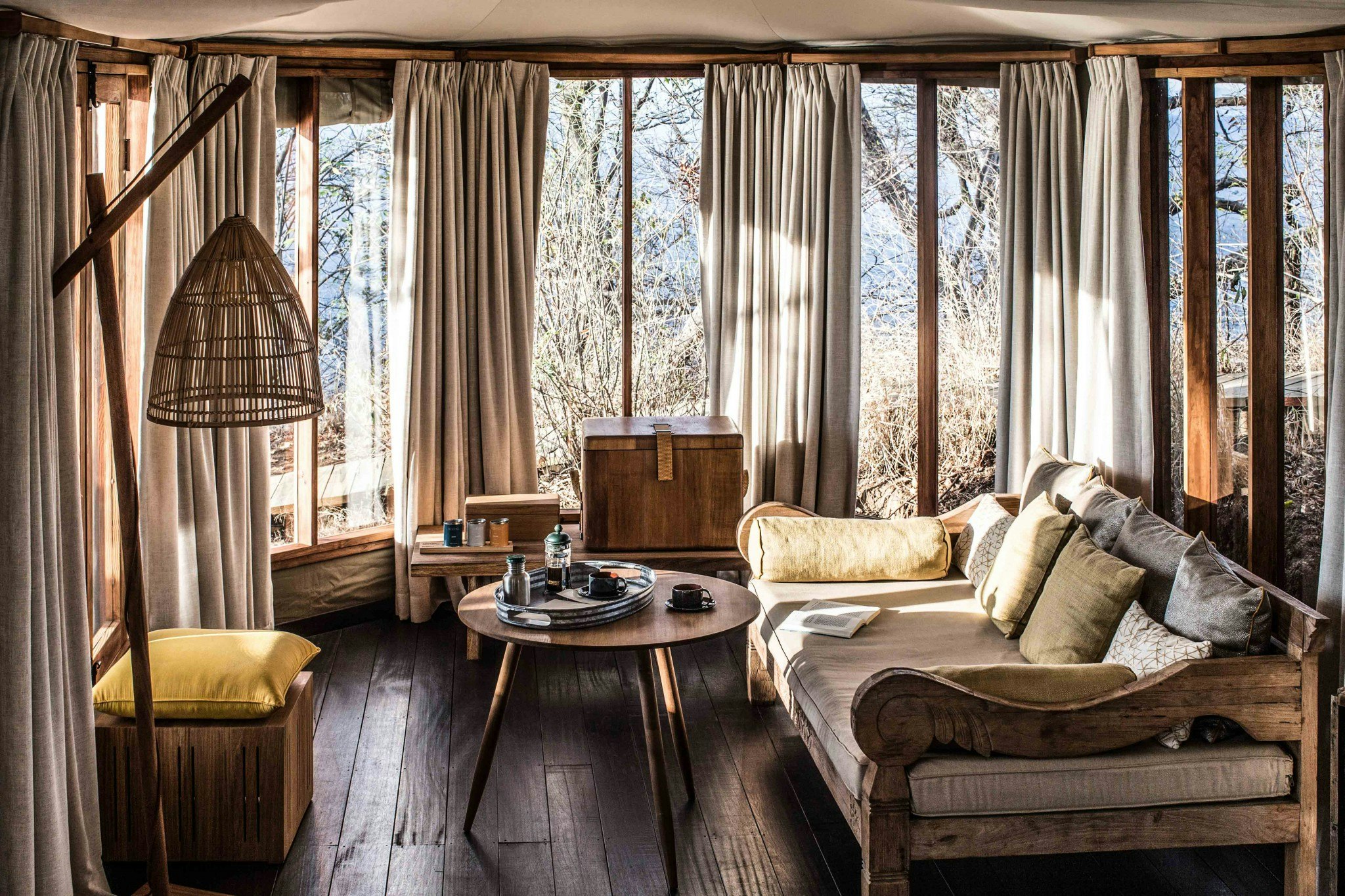 Living room area of luxury jungle tent