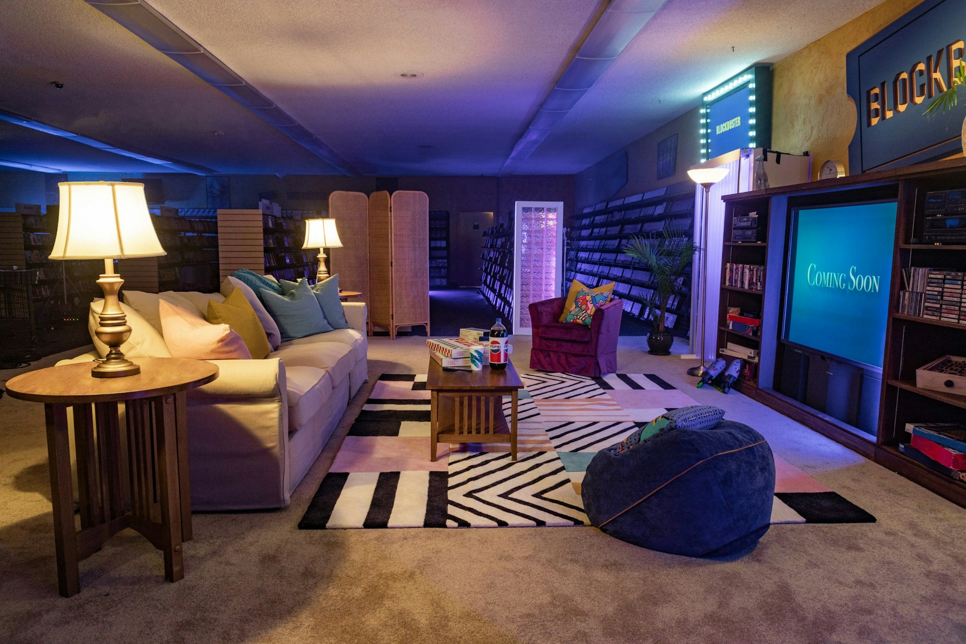 The living room at the Blockbuster Airbnb in Bend, Oregon