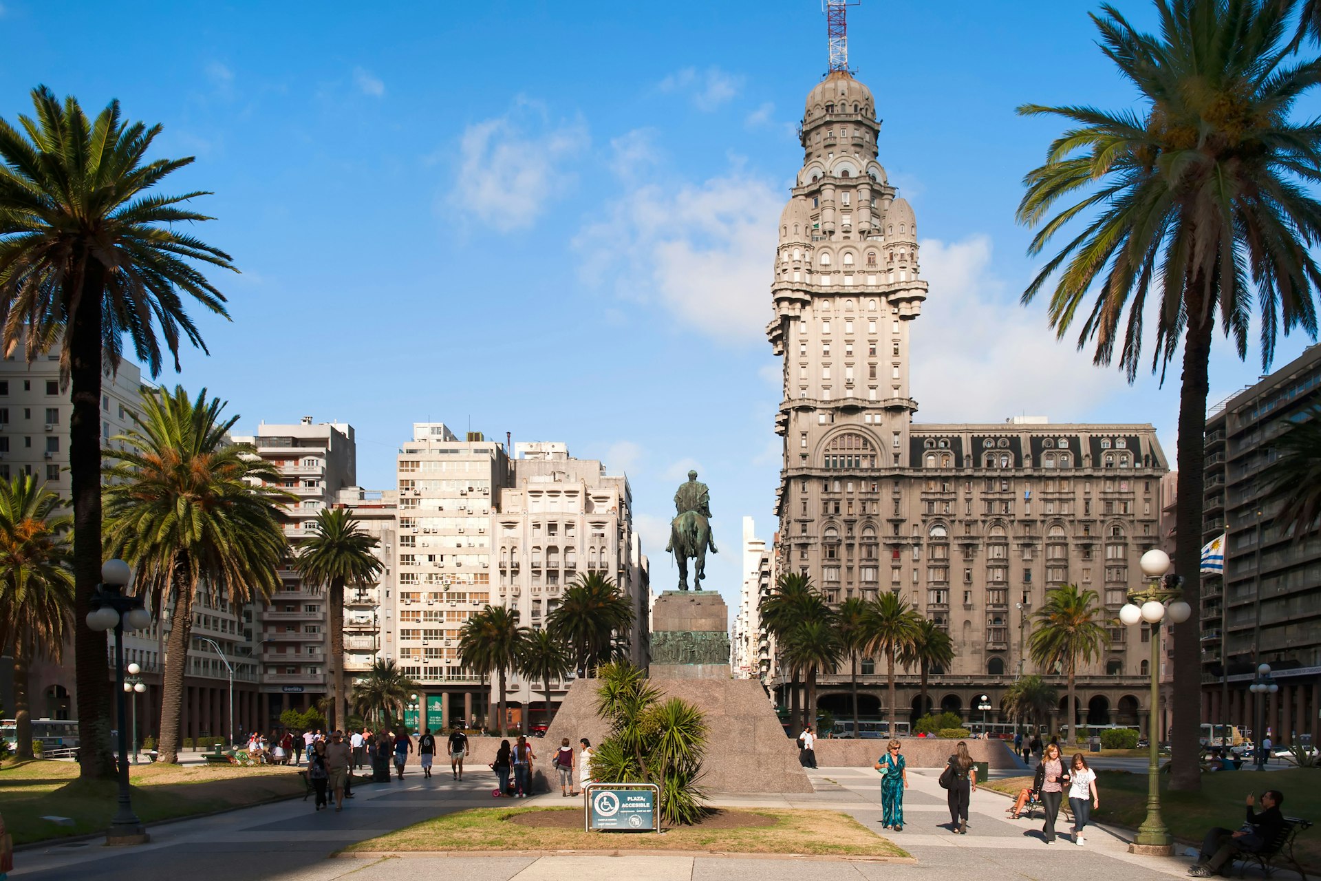 Plaza Independencia, Palacio Salvo and Jose Artigas Equestrian statue, Montevideo, Uruguay, South America