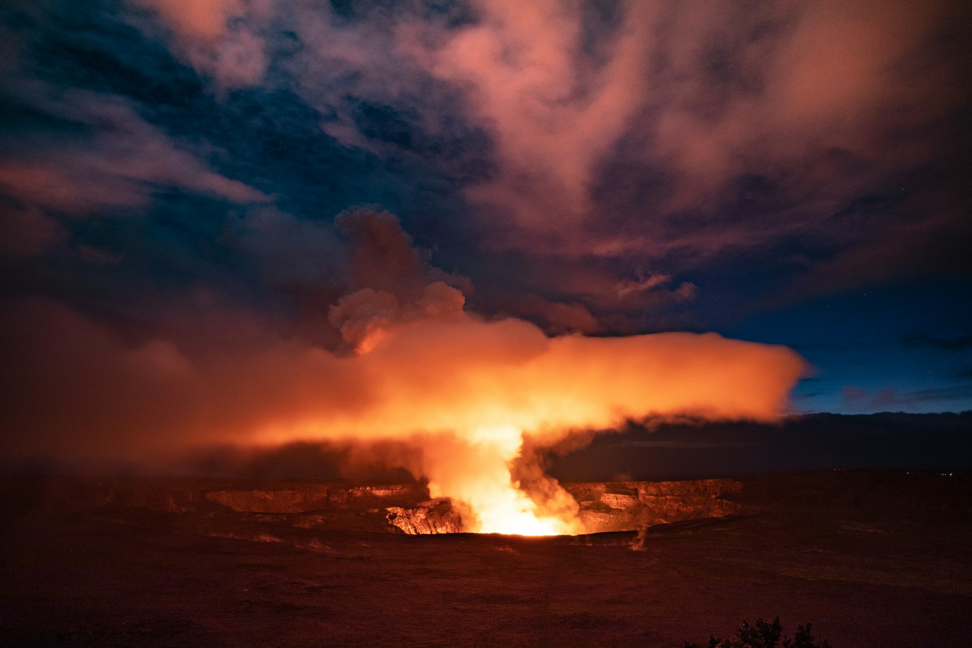The summit eruption at Kilauea volcano observed from Waldon Ledge in Hawaii Volcanoes National Park on December 21, 2020, the Winter Solstice.