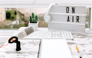 Microphone in the old studio with on air sign